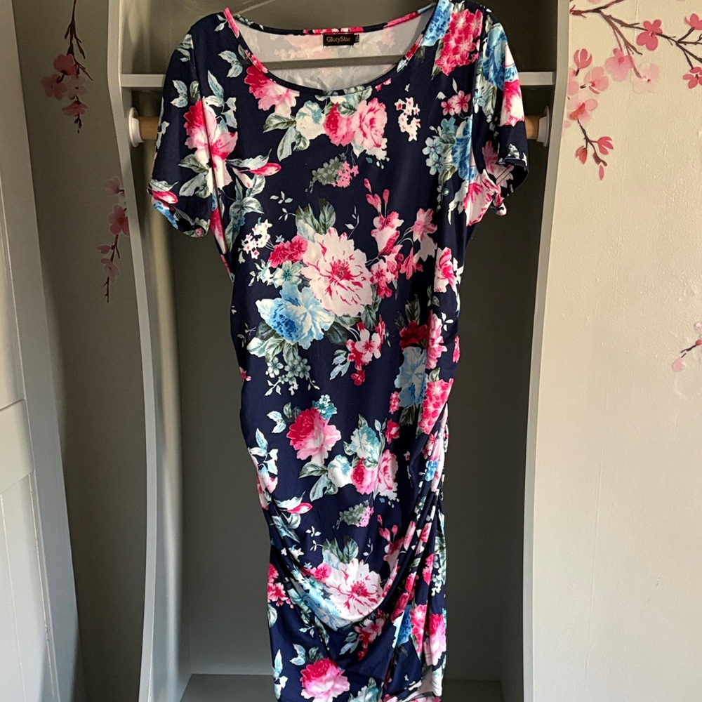 Floral Navy Maternity Dress with Pink and Blue Highlights